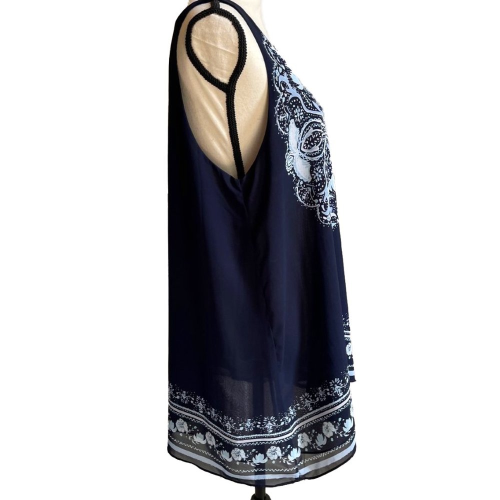 MAX STUDIO Sleeveless Tunic Top Sheer Crepe Navy Light Blue Lined XL - Picture 6 of 12